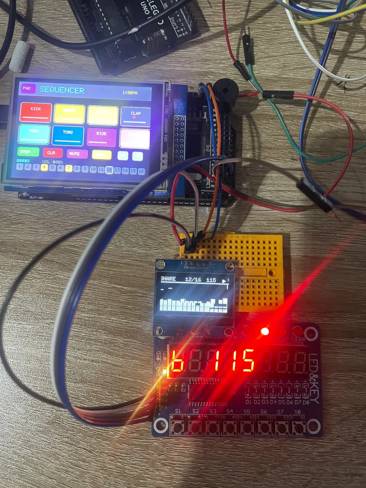 Dos pantallas sincronizadas mostrando pads y secuenciador a 115 BPM