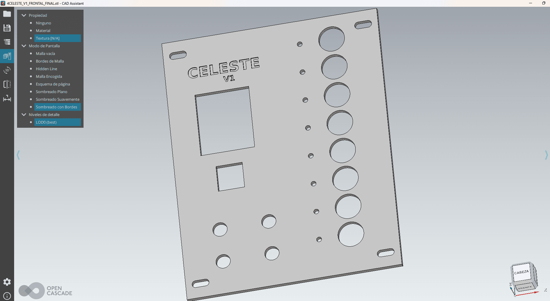 Diseño CAD del frontal CELESTE V1 en CAD Assistant: distribución de controles, aberturas y ranuras de fijación.